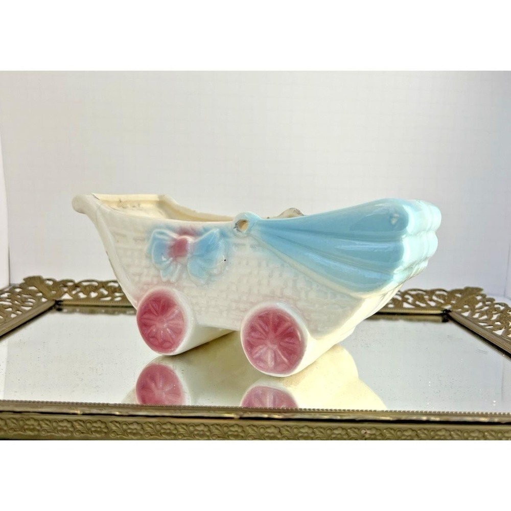 Planter Baby Buggy Pink Blue Nursery Vase Mid Century Style Ceramic Vintage - Picture 7 of 10